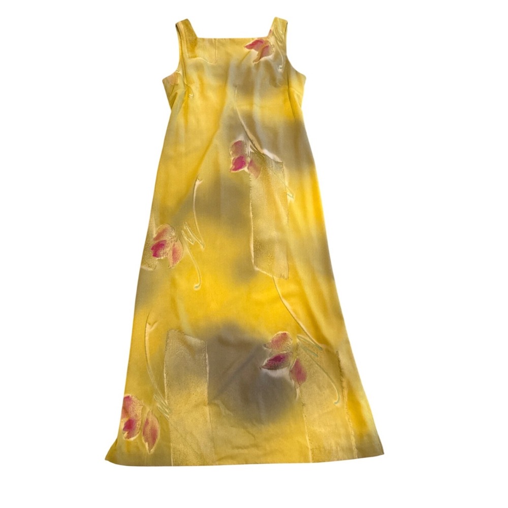 Vtg Chico's Floral Maxi Dress Yellow Square Neck Open Back Sleeveless 52